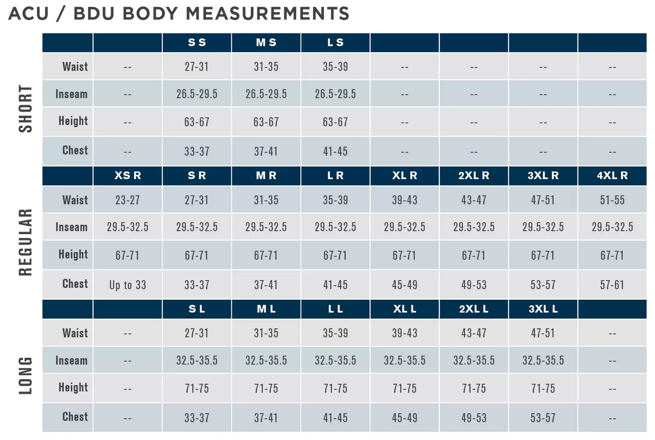 BDU Size Chart